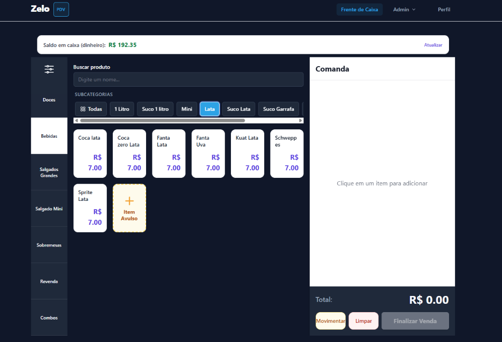 Interface de Frente de Caixa do Zelo PDV com categorias e produtos